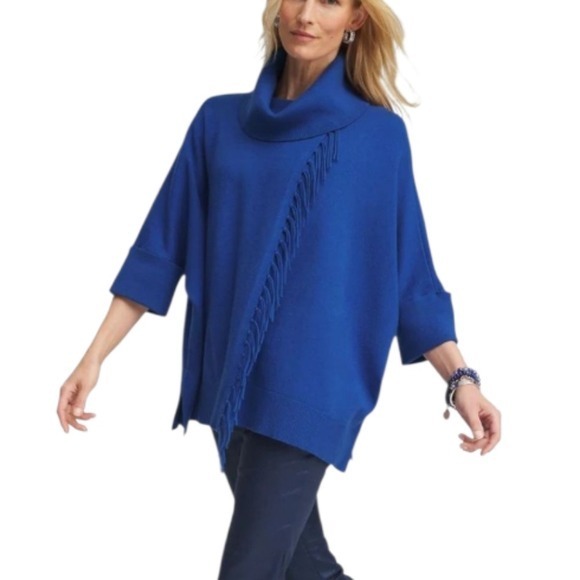 Chicos Womens Cowl Neck Fringe Cashmere Blend Poncho Blue‎ - Picture 1 of 13